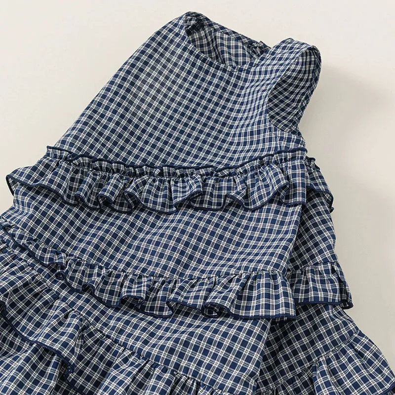 Vestido azul de cuadros sin mangas de algodón para niña - imagen 3