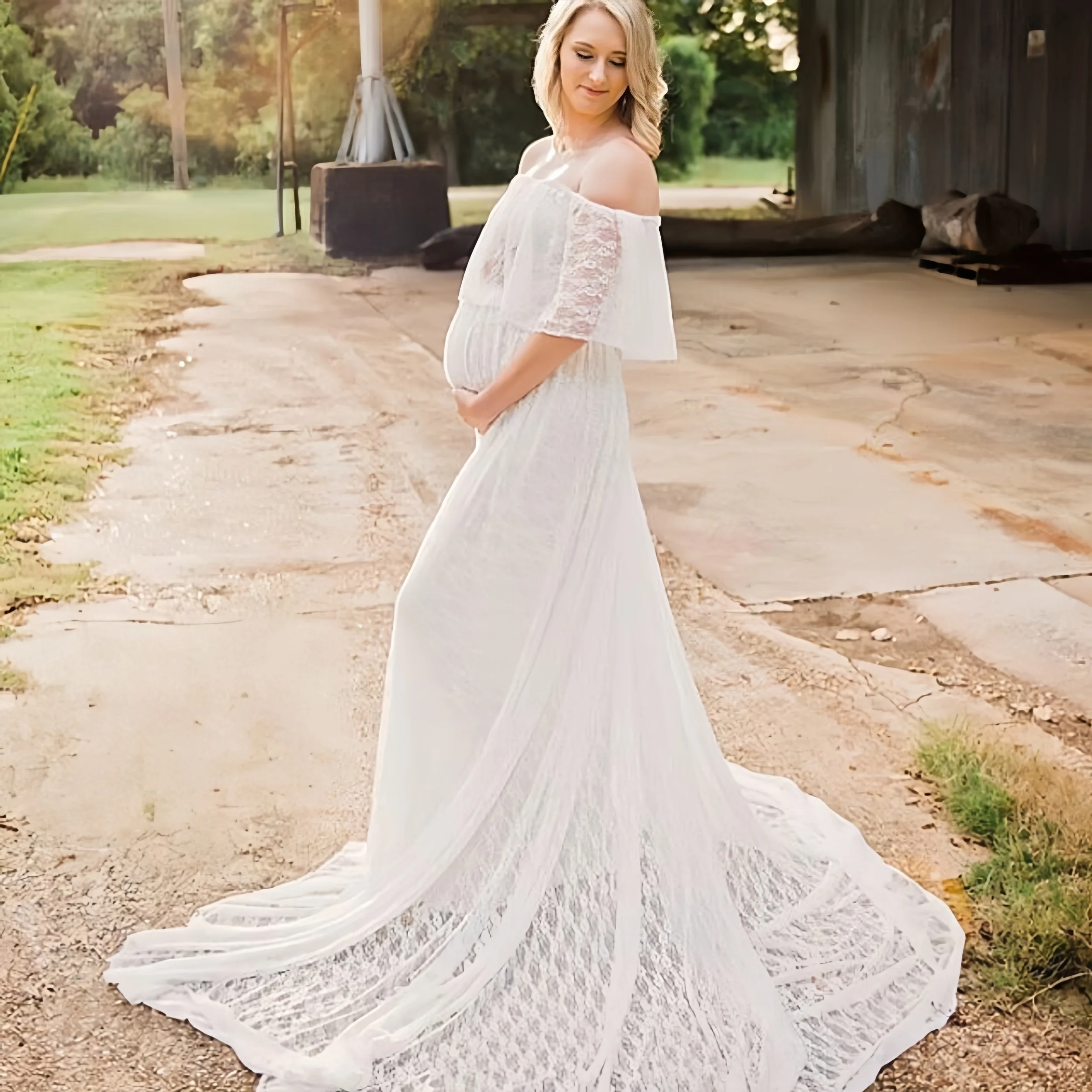 Vestido premamá de encaje con cola larga para verano - imagen 2