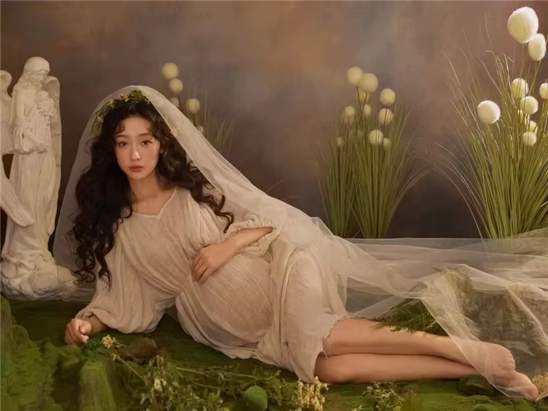 Vestido de maternidad de cáñamo para sesión de fotos con tocado - imagen 2