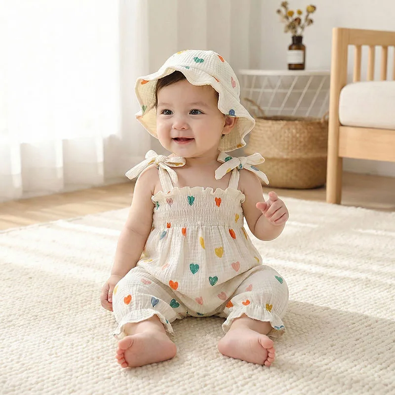Pelele floral de tirantes con sombrero para bebé niña, verano - imagen 2