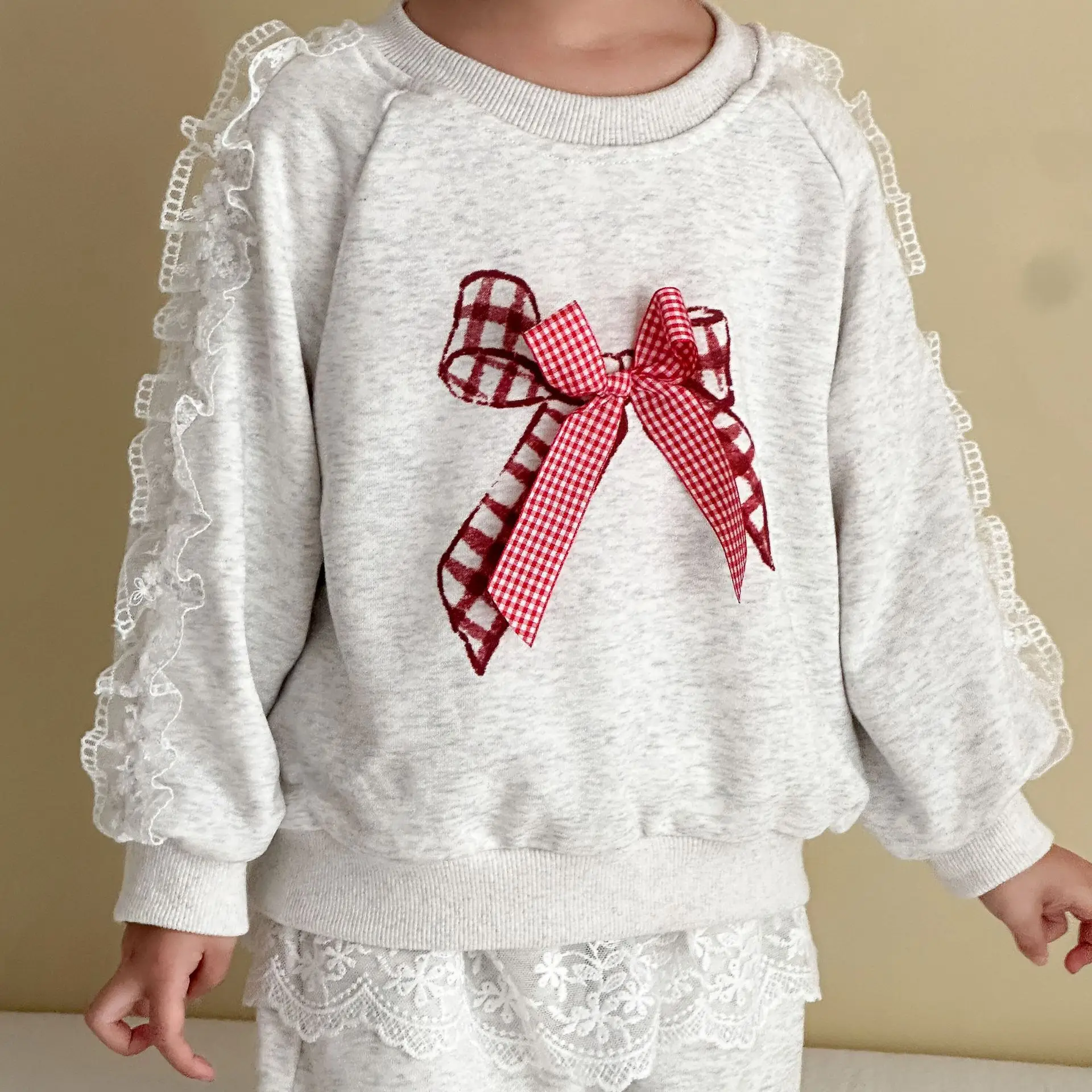 Conjunto niña manga larga gris lazo encaje estilo coreano otoño - imagen 3