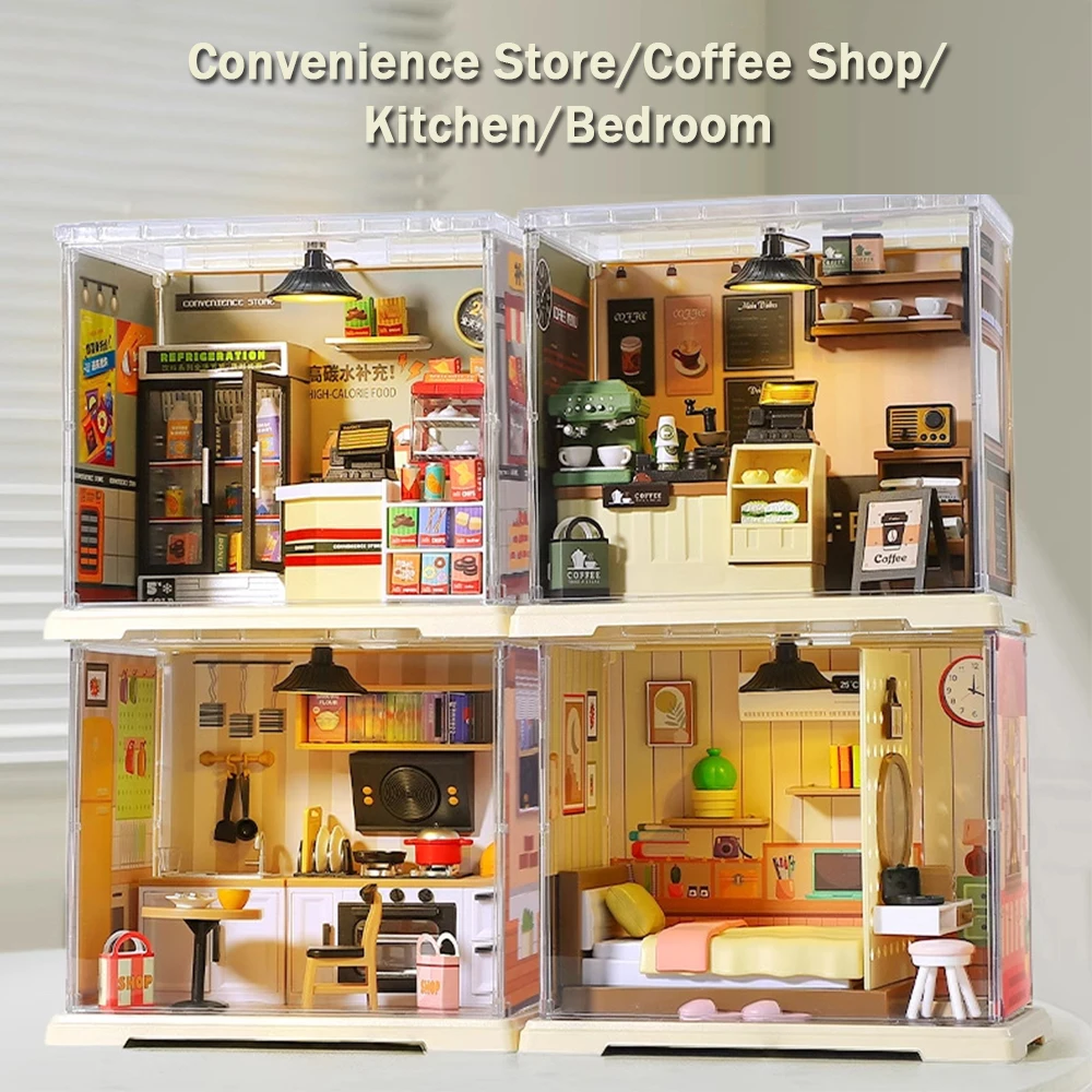 Casa en miniatura DIY con luces suaves, vista frontal