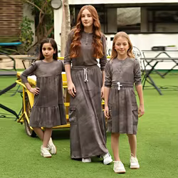Conjunto familiar a juego gris melange vestido punto acanalado