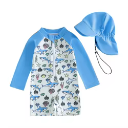 Traje de baño infantil manga larga con estampado marino y gorro