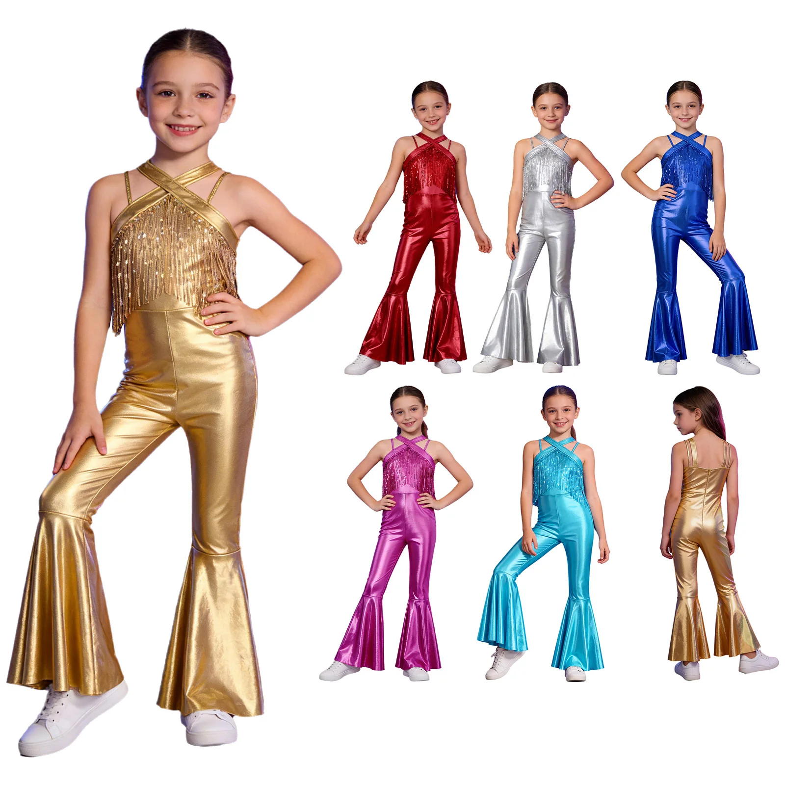Mono de baile disco metálico sin mangas con lentejuelas y borlas - imagen 5