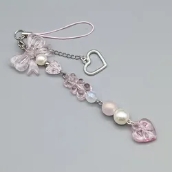Abalorio para teléfono con lazo plateado rosa y colgante corazón