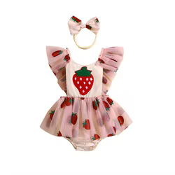 Conjunto verano bebé niña – Pelele vestido estampado fresas y diadema