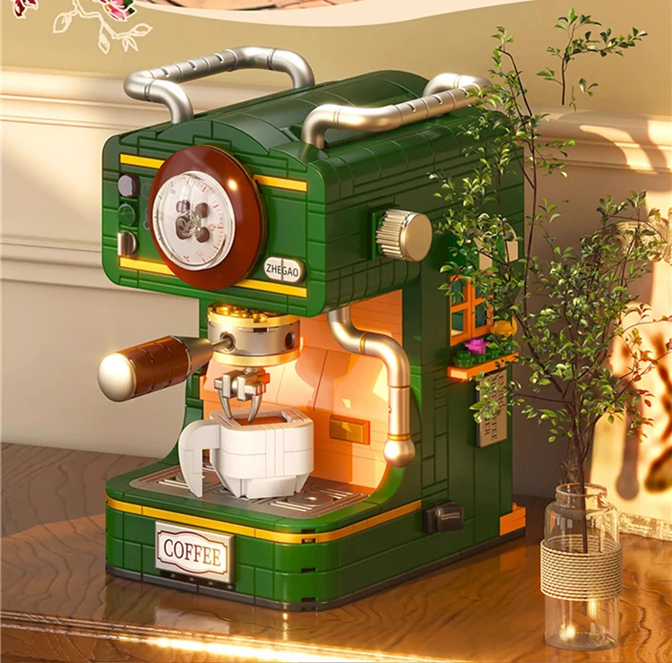 Niño jugando con la máquina de café de bloques