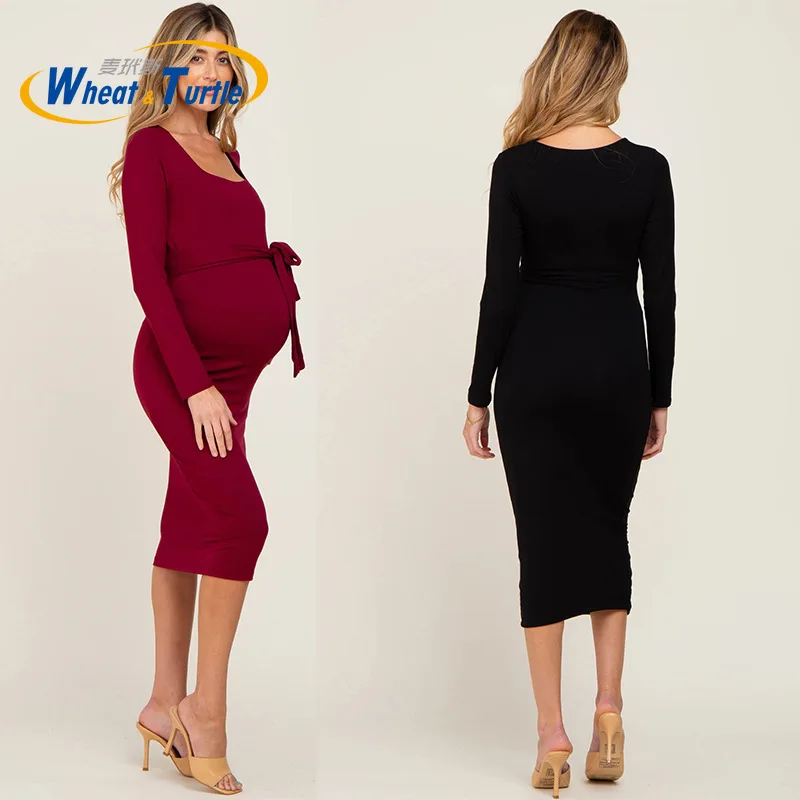 Vestido de maternidad elegante cuello grande cinturón lazo primavera - imagen 3