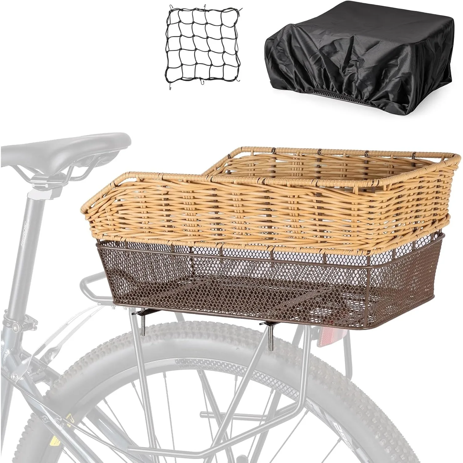 Cesta trasera para bicicleta tejida con red y funda impermeable