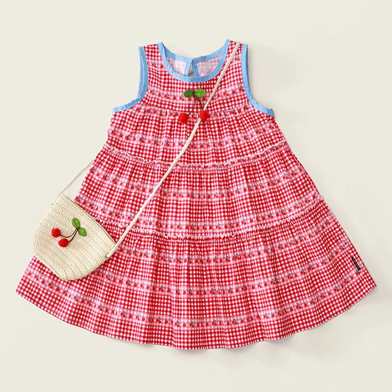 Vestido de niña sin mangas de verano a cuadros con cerezas - imagen 2