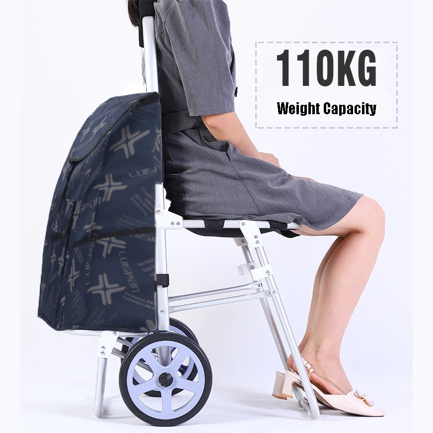 Carrito de compras con taburete integrado – Plegable para descansar - imagen 2