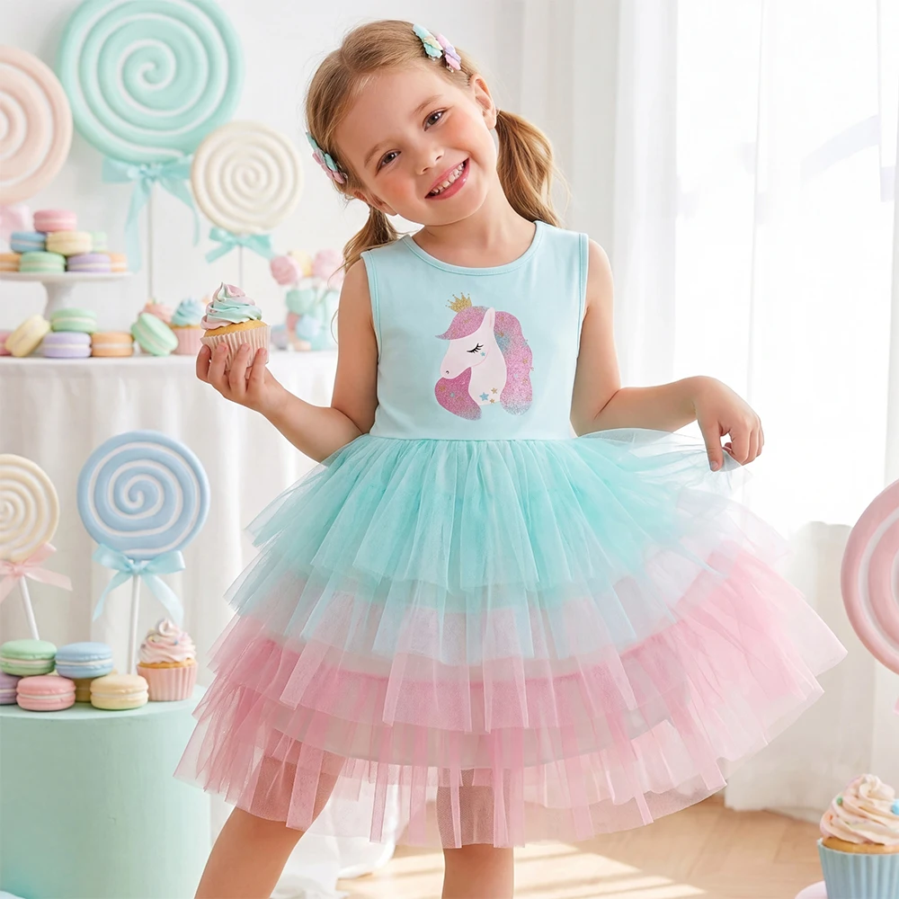 DXTON Vestido de princesa de algodón sin mangas con capa de malla - imagen 2