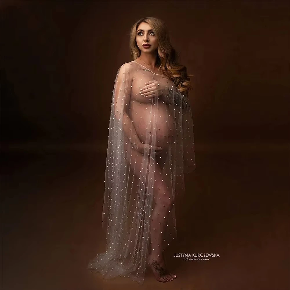 Vestido para maternidad maxi bohemio con tul y detalles de perlas - imagen 3