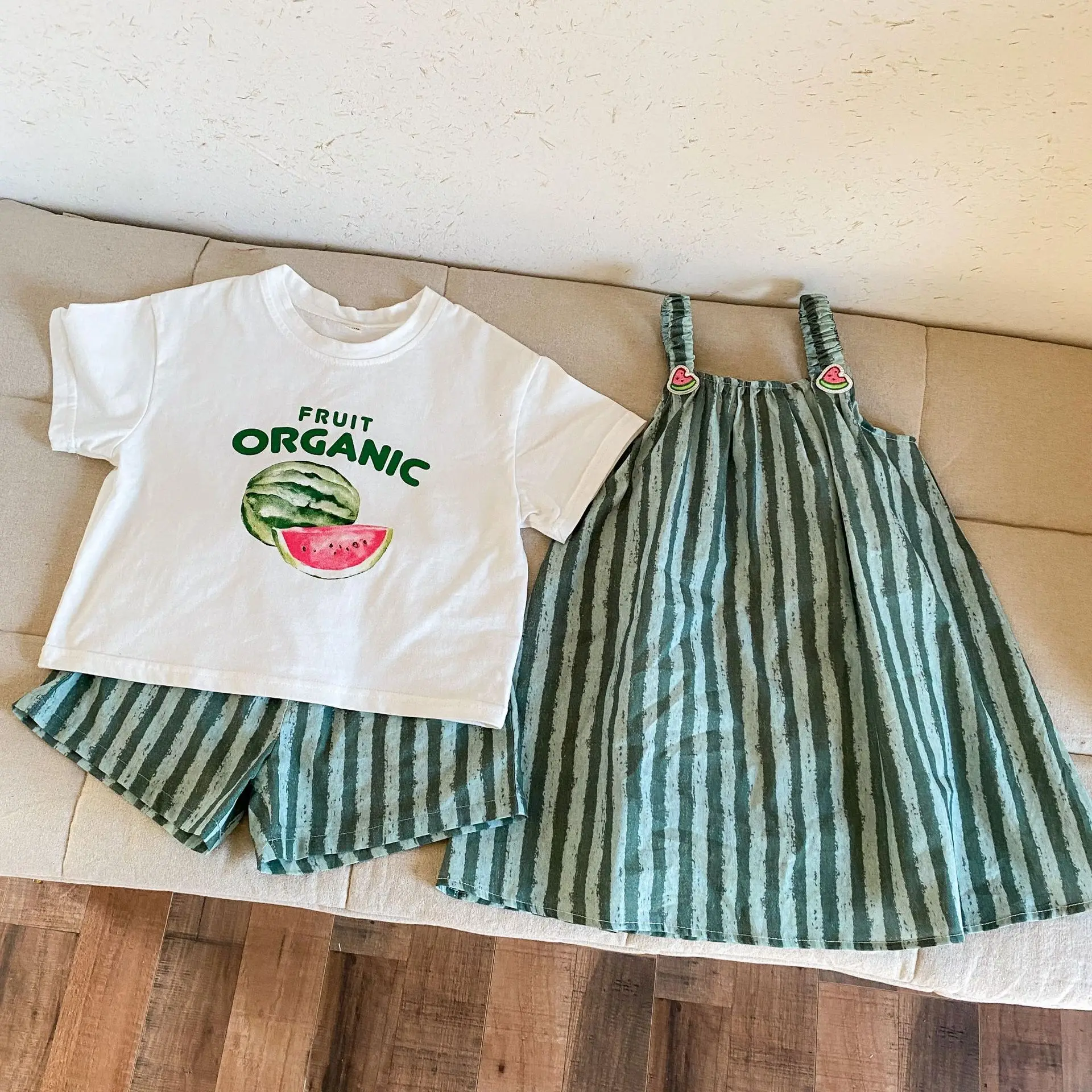 Conjunto verano niños camiseta y shorts rayas algodón + vestido tirantes - imagen 5