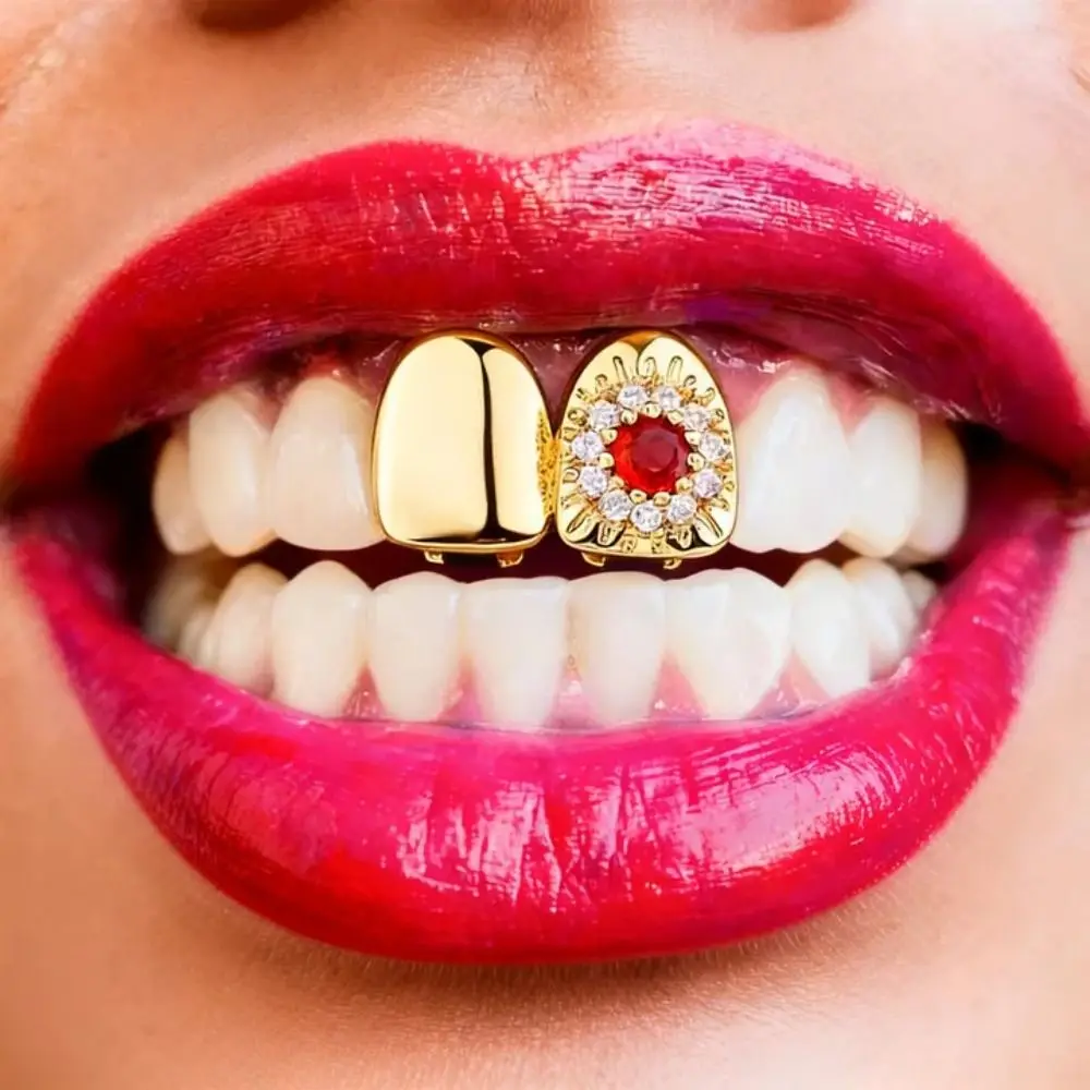 Grillz dentales removibles estilo hip hop dorado y plateado floral - imagen 2
