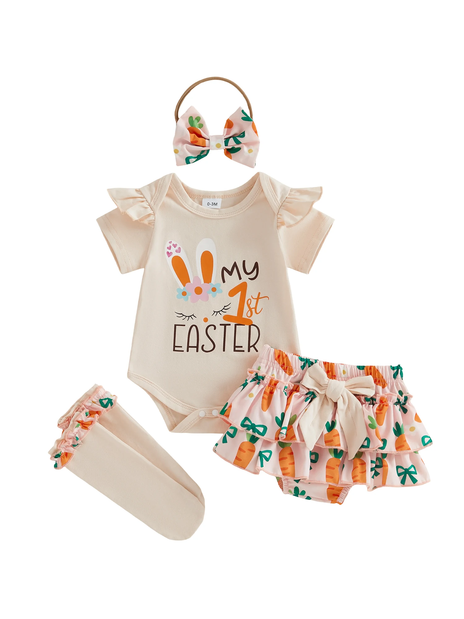 Vista frontal del conjunto de Pascua para niña con body, shorts y accesorios
