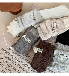 Leggings de algodón peinado para niña con lazo y encaje rayado