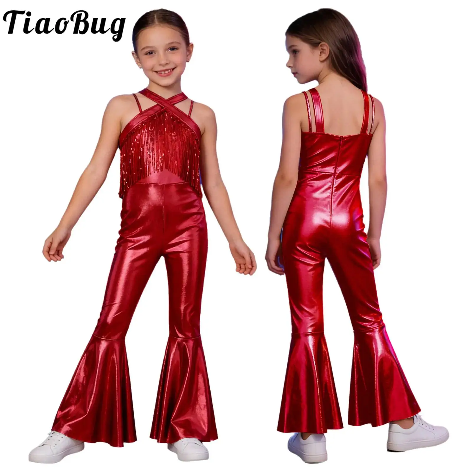 Mono de baile disco metálico sin mangas con lentejuelas y borlas - imagen 3