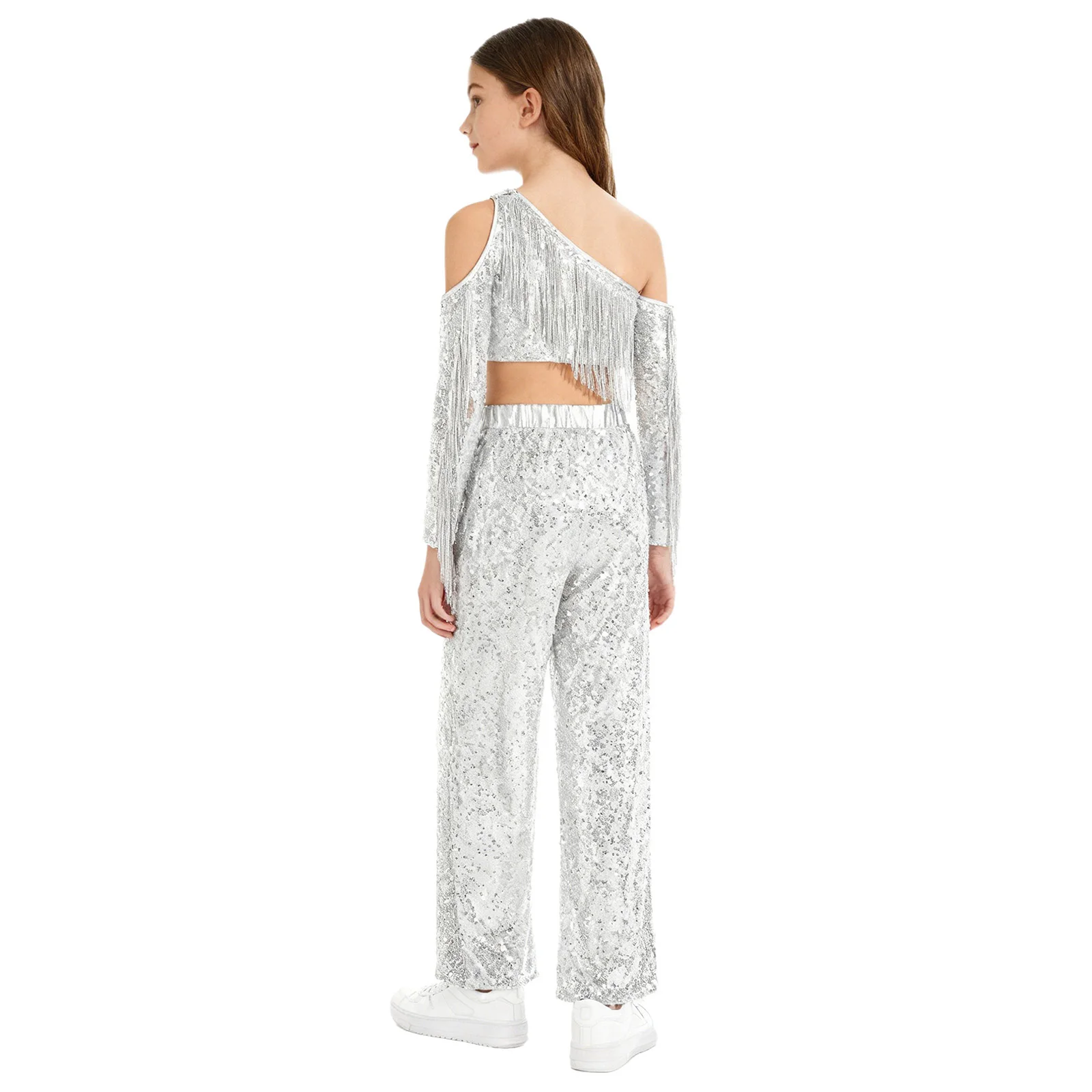 Traje de baile con lentejuelas y borlas de un hombro para niñas - imagen 4