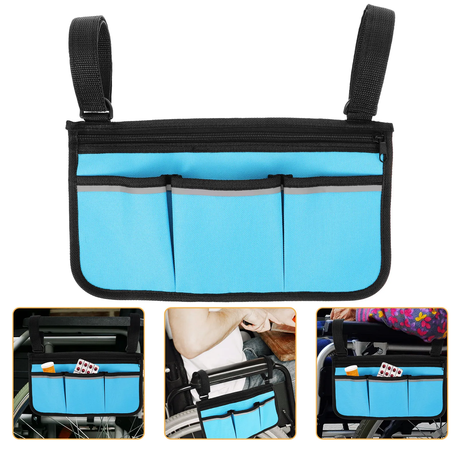 Bolsa colgante lateral azul para reposabrazos de silla de ruedas