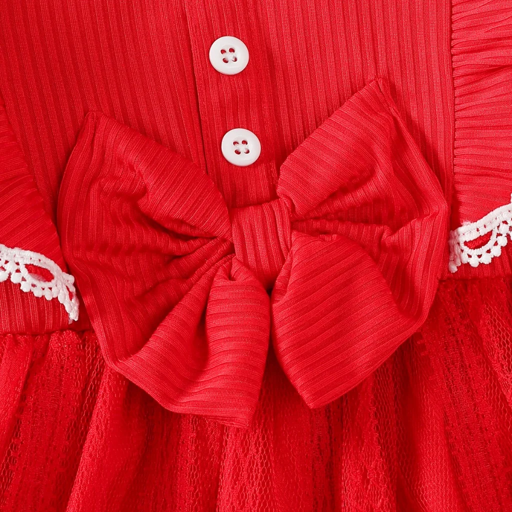 Vestido navideño rojo con encaje blanco y manga larga para niña - imagen 3