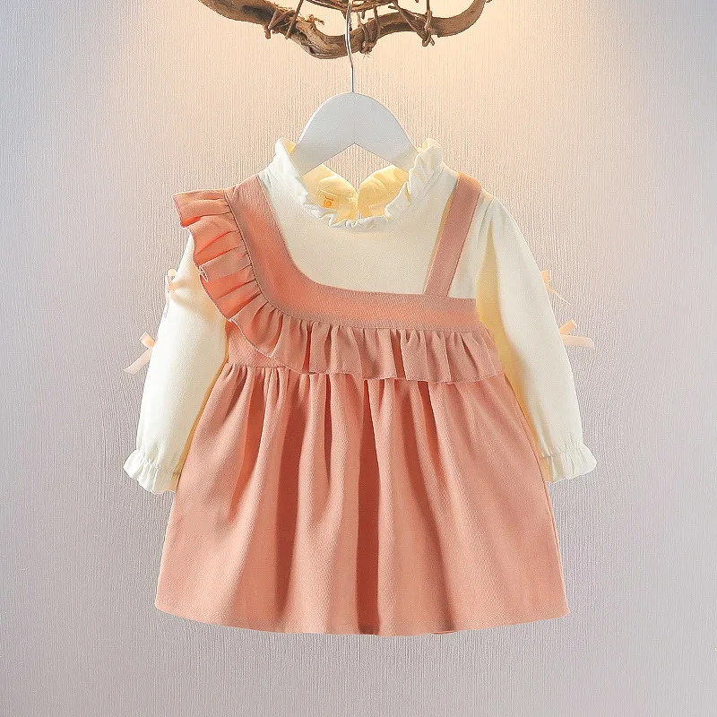 Vestido niña princesa de algodón de manga larga con lazo y diseño irregular