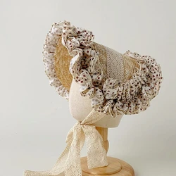 Sombrero de paja con encaje y volante para niñas, verano