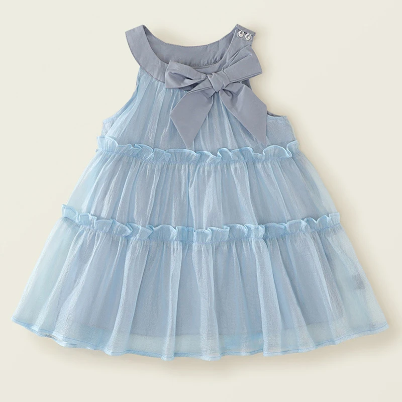 Vestido de verano de malla azul con lazo princesa para bebé