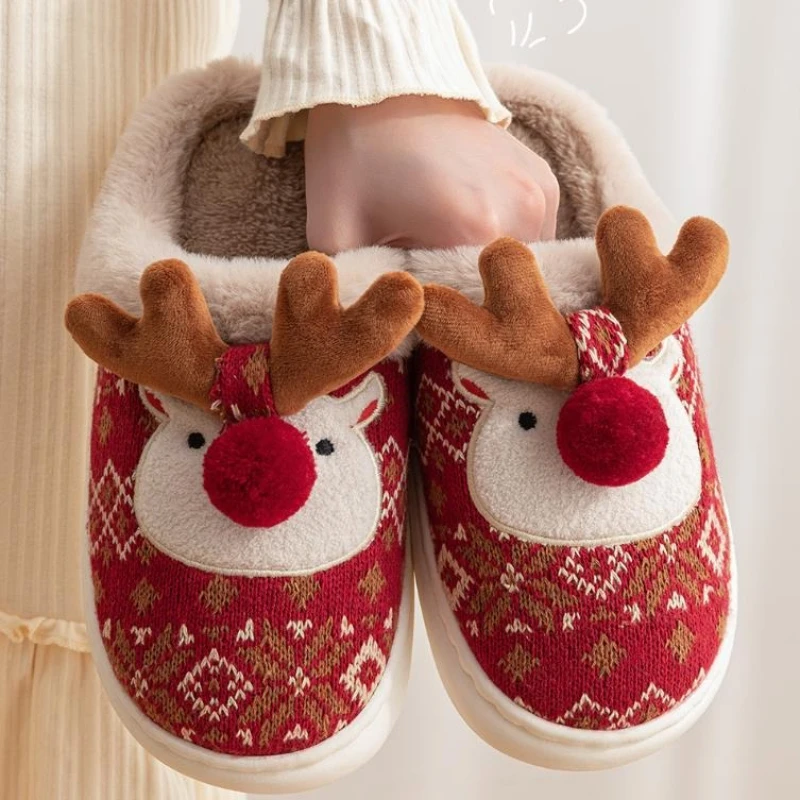 Zapatillas antideslizantes con dibujos de ciervos navideños para hogar