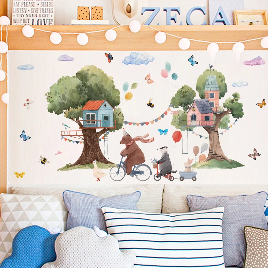 Pegatinas de pared acuarela bosque con animales y casitas - imagen 5