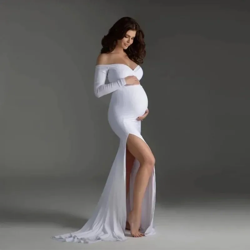 Vestido premamá largo sin hombros para fotos y baby shower - imagen 5