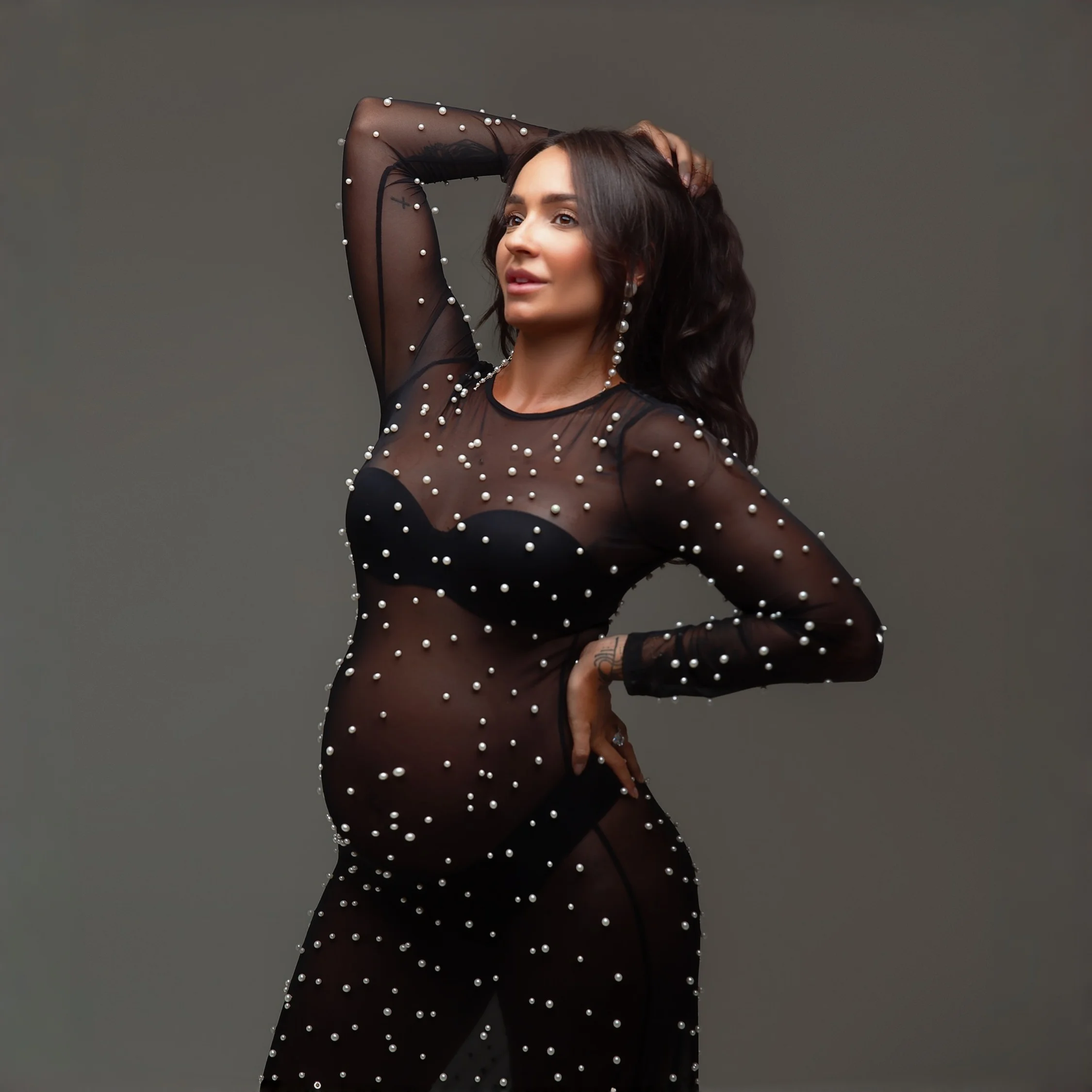 Vestido de tul elástico para fotografía de maternidad largo con perlas - imagen 2