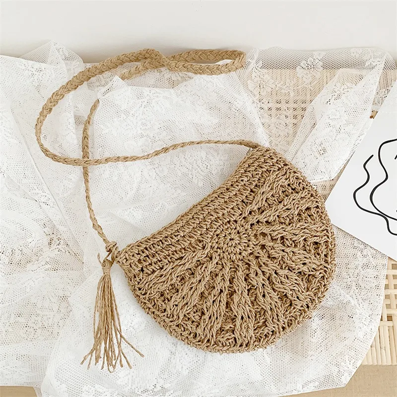 Bolso bandolera de paja semicircular ratán tejido a mano para playa - imagen 3