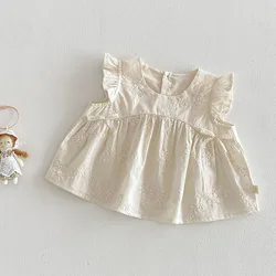 MILANCEL camiseta de verano bordada floral para niña mangas voladoras