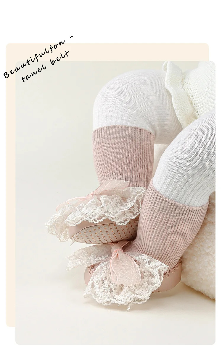Calcetines con lazo de princesa y suela de cuero para bebé