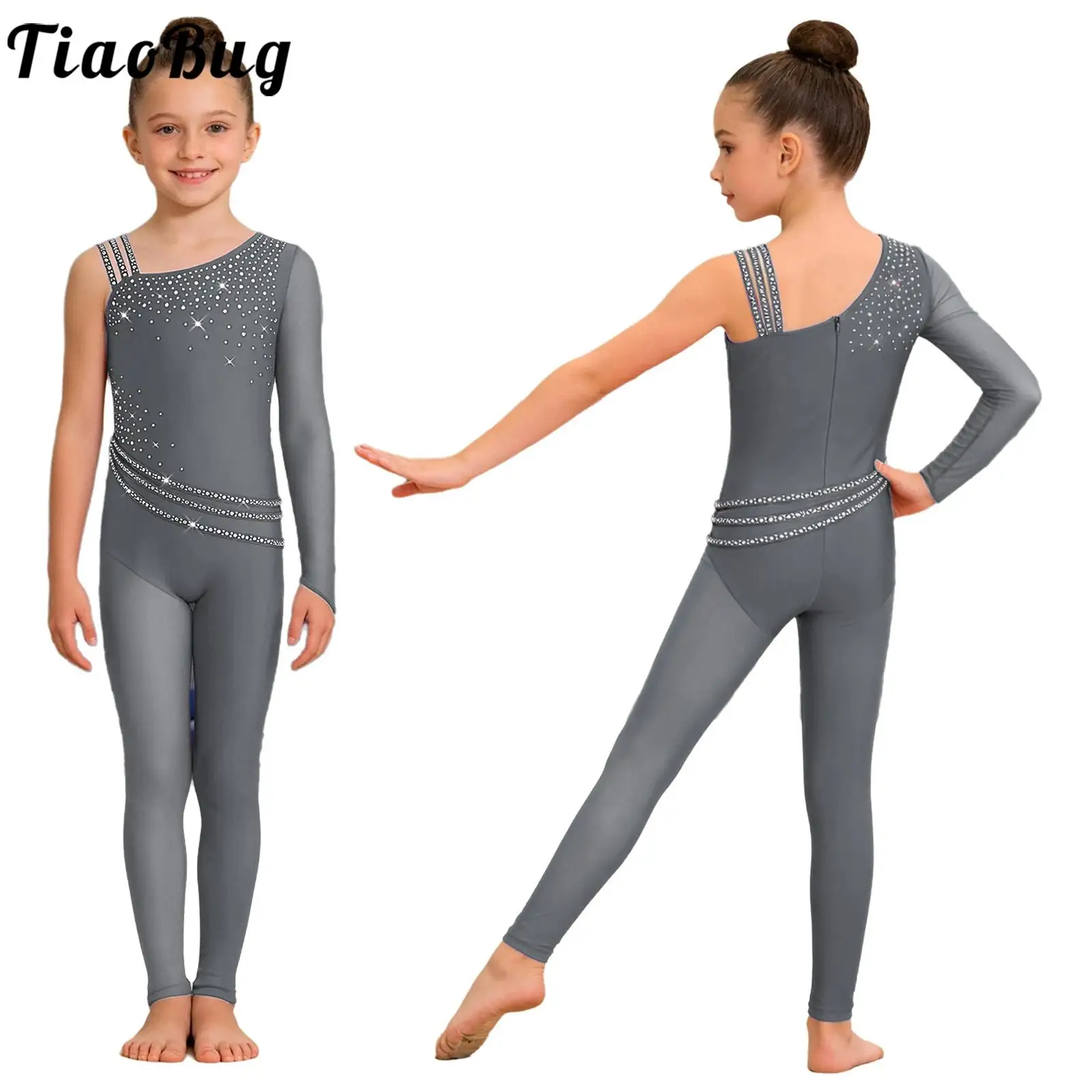 Maillot de ballet para niñas con pedrería y malla asimétrica - imagen 4