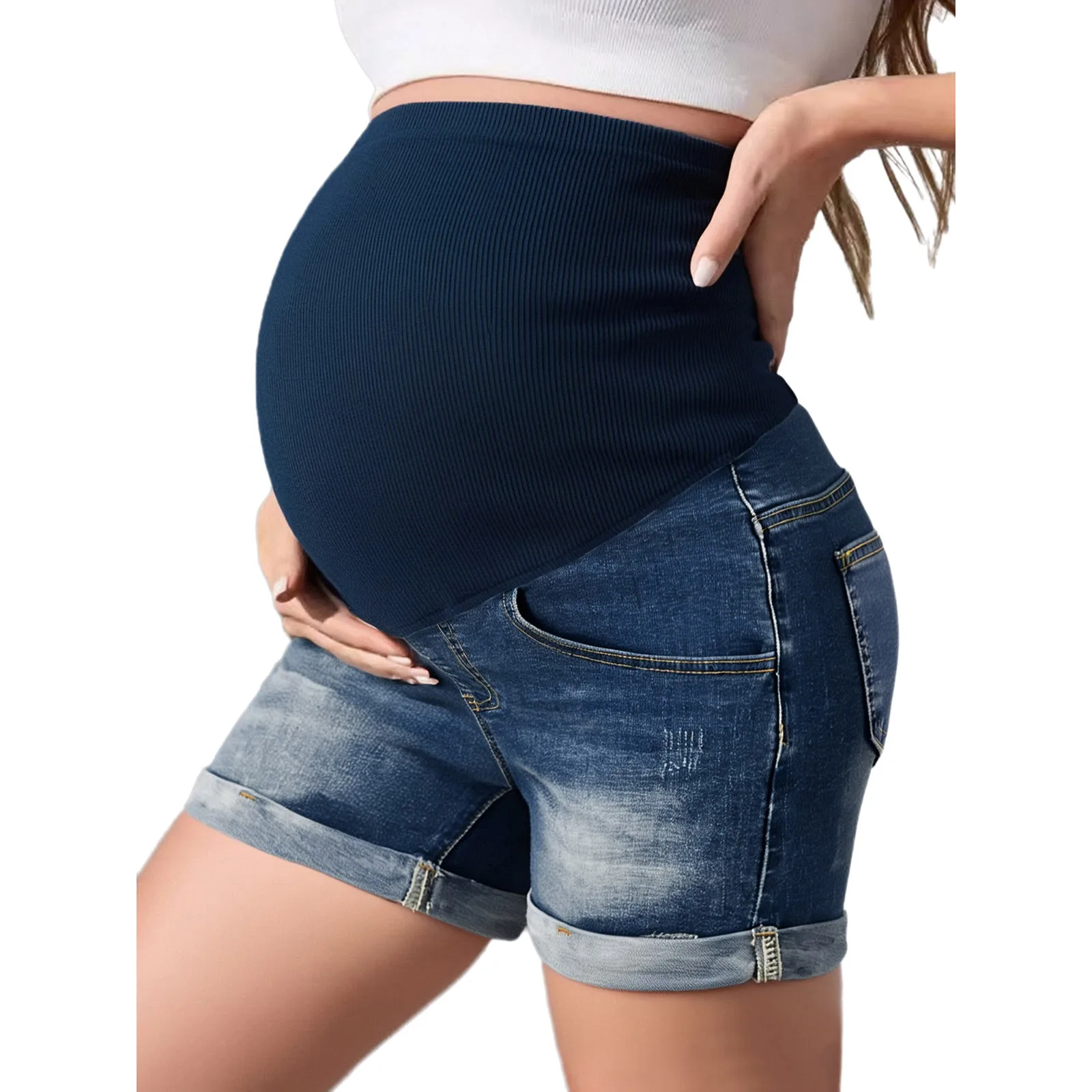 Pantalones cortos vaqueros de maternidad cintura alta elástica - imagen 4