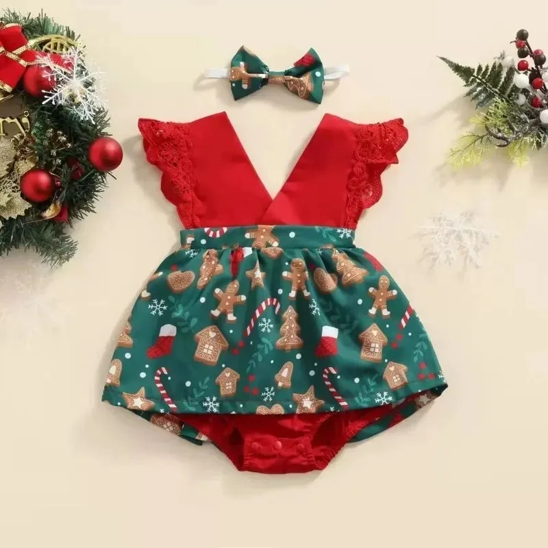Conjunto de ropa de Navidad para bebé niña – Pelele de encaje con diadema - imagen 4