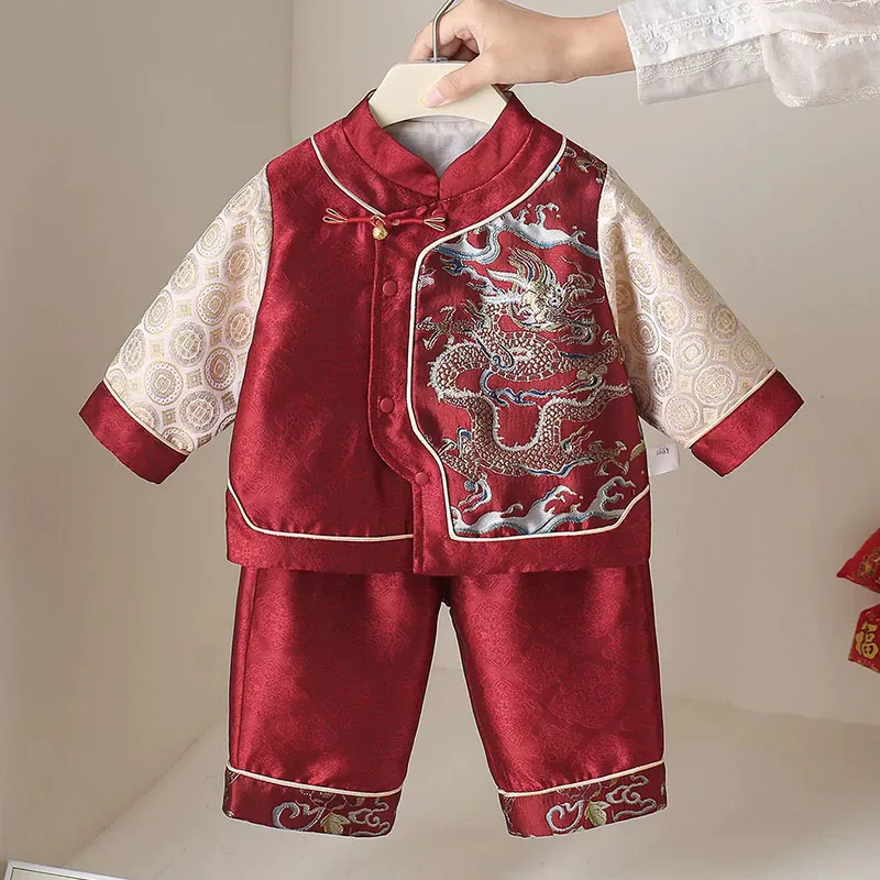 Conjunto niño pequeño de camiseta roja y pantalón bordado estilo chino - imagen 4