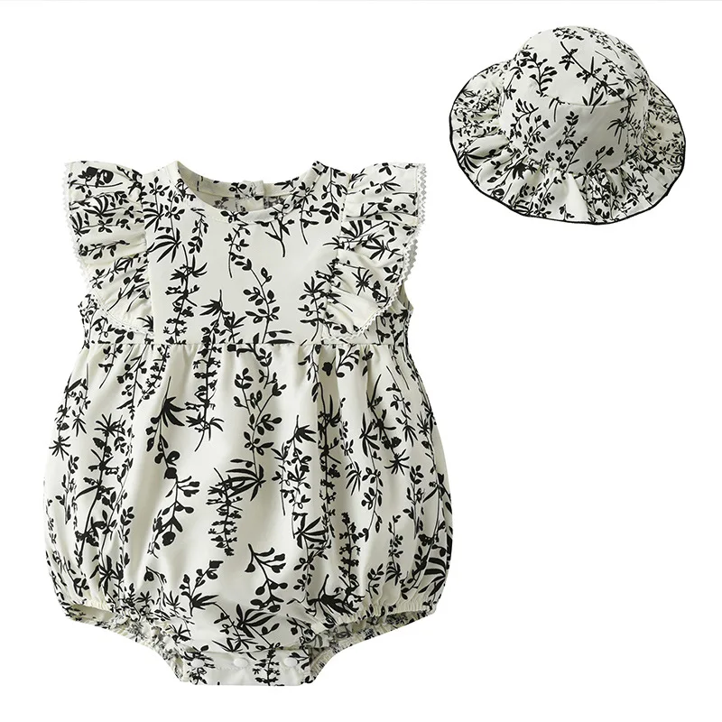Mono de verano sin mangas para bebé niña con flores y sombrero