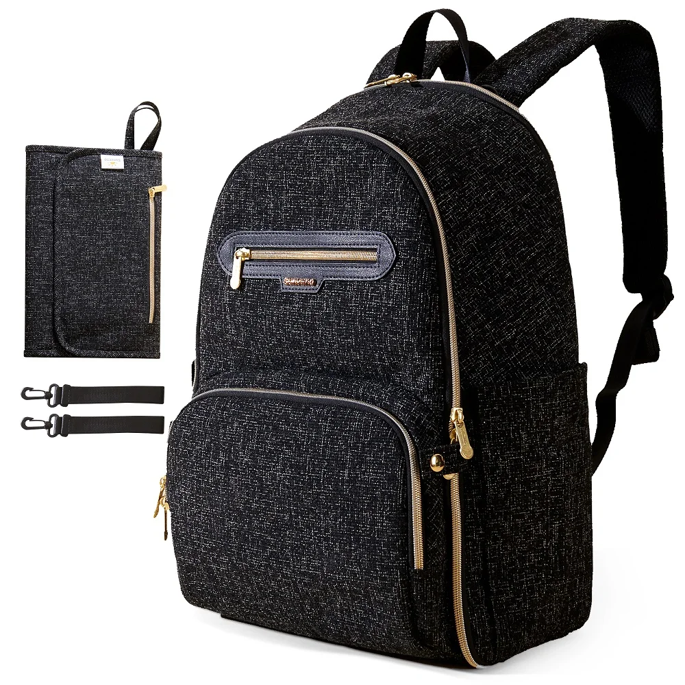 Vista frontal de la Sunveno mochila para pañales con múltiples compartimentos