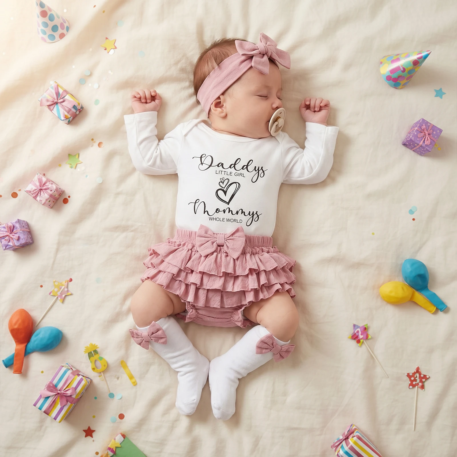 Conjunto de otoño para bebé niña con pelele, volantes y diadema - imagen 2