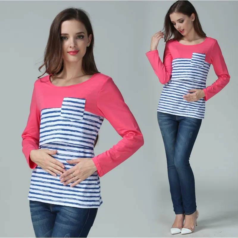 Camiseta de lactancia de manga larga a rayas para embarazadas