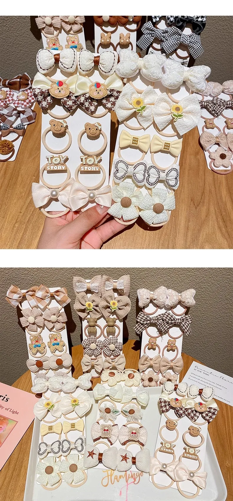 Variedad de accesorios capilares infantiles en tono café con leche