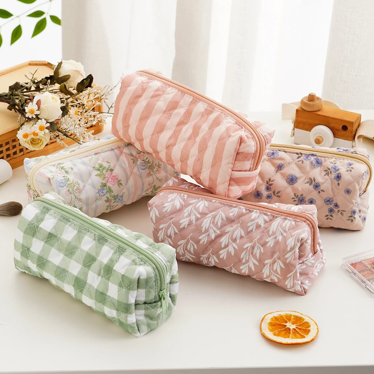 Elinfant bolsa de maquillaje acolchada floral para viaje organizadora - imagen 3