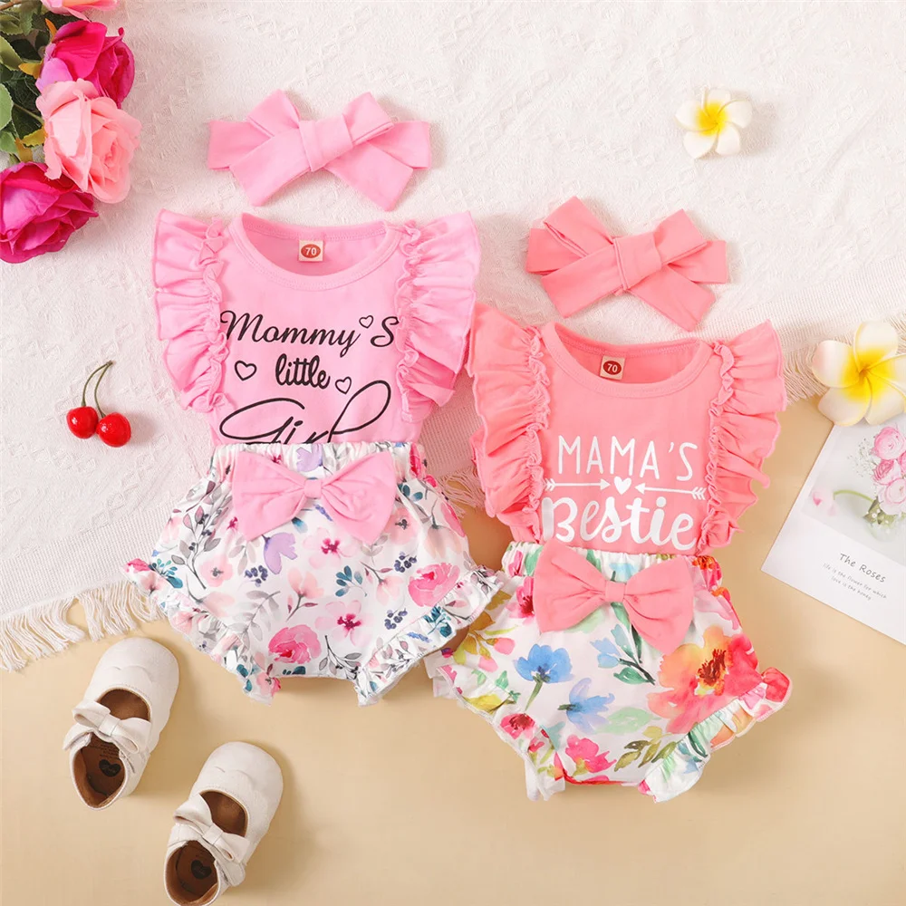 Conjunto Verano 3 piezas bebé niña pelele sin mangas y shorts flores