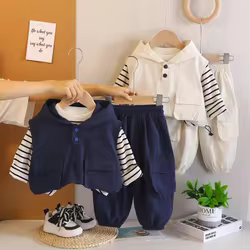 Conjunto de bebé para entretiempo con chaleco capucha, rayas y pantalón