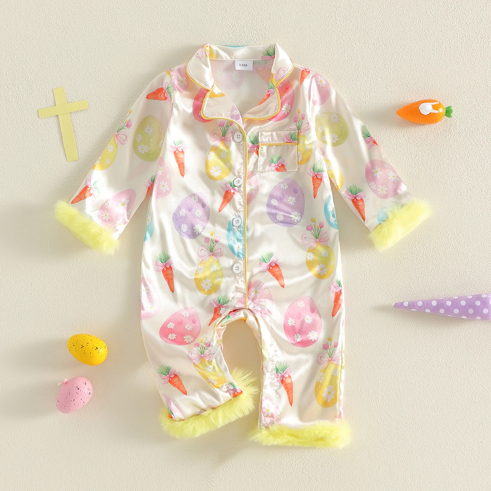 Pijama de satén para niña conejito y huevo, manga larga con botones