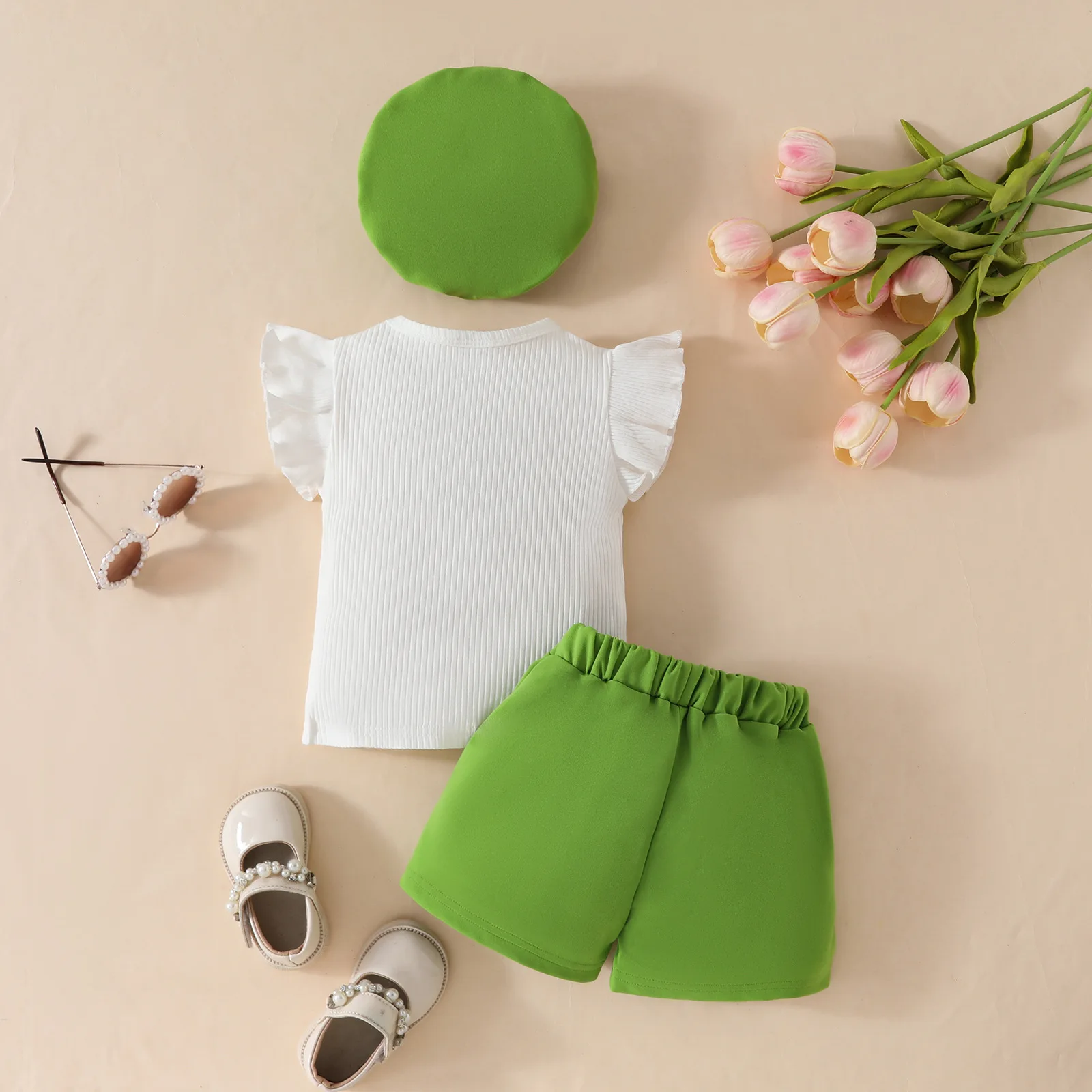Conjunto de verano bebé sin mangas de algodón con lazo y gorro